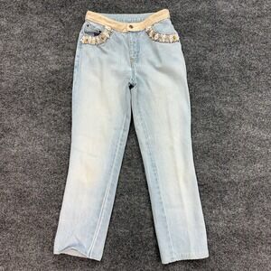 Vintage Newport News Jeanology  High Rise Jeans Beaded Faux Fur Waist Size 6‎